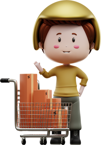 courier with shopping cart 3d illustration